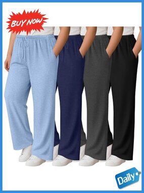 Plus Size Wide Leg Lounge Pants 4 Pack Stretch Drawstring Yoga Pants